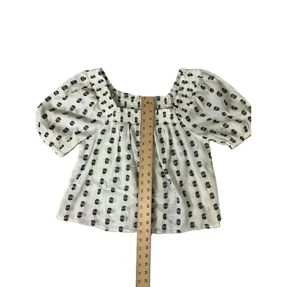 LOFT Black White Patterned Square Neck Short Puff Sleeve Peasant‎ Blouse Size MP
